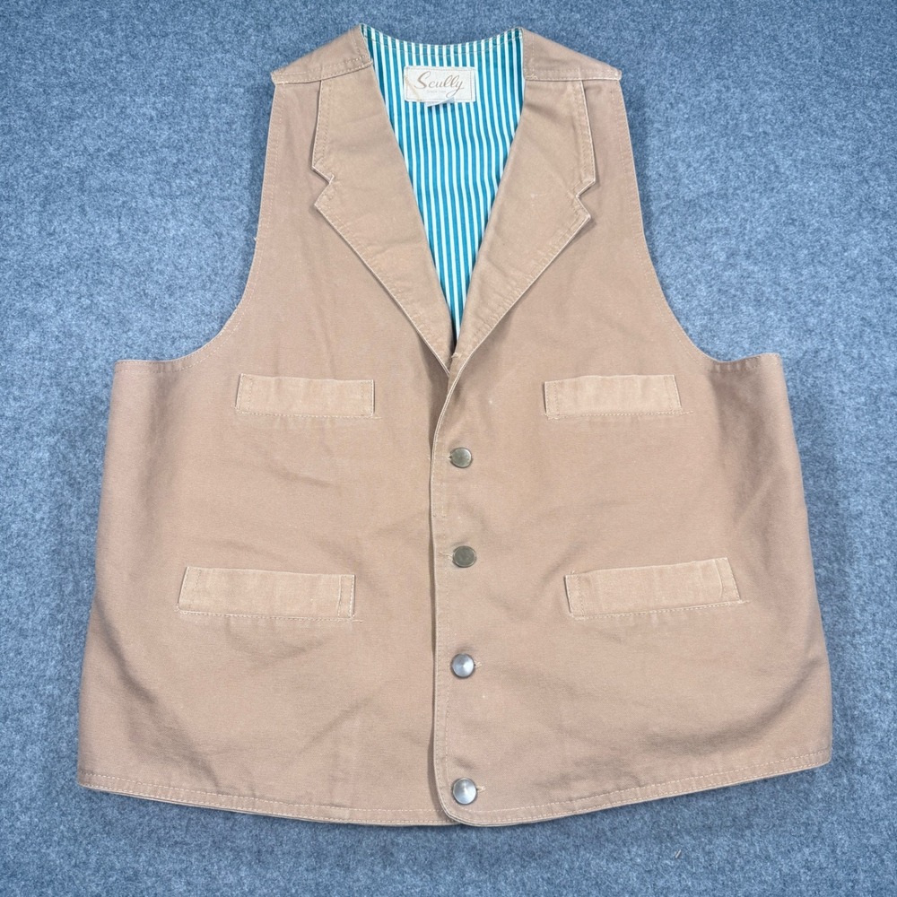 Scully Rangewear Tan Canvas Western Vest RW041 L Notched Lapel Striped Lining